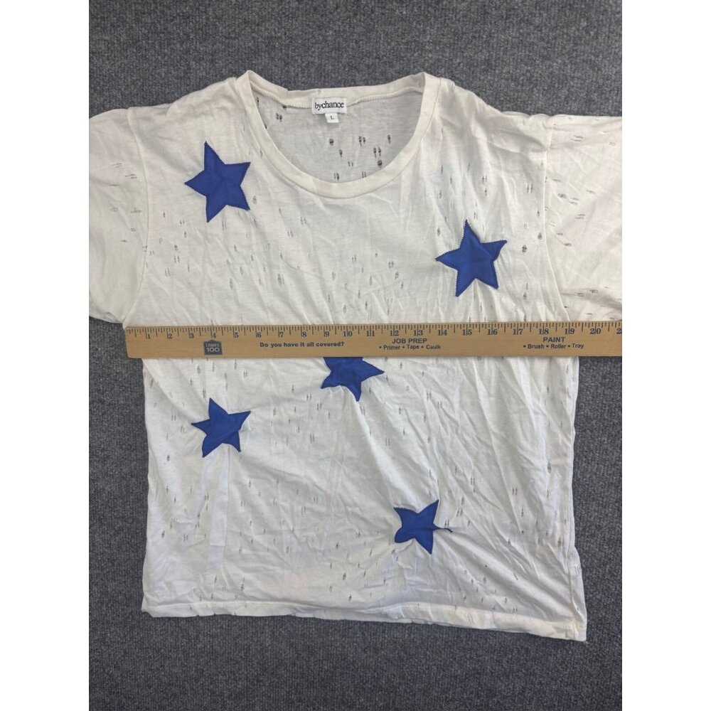 ByChance Short Sleeve T-Shirt Women's Large White Blue Lambskin Stars Distressed - Picture 3 of 8
